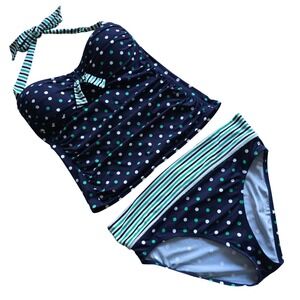 Tommy Bahama Women's Navy Polka Dot Stripe 2-Piece Halter Tankini Set Large